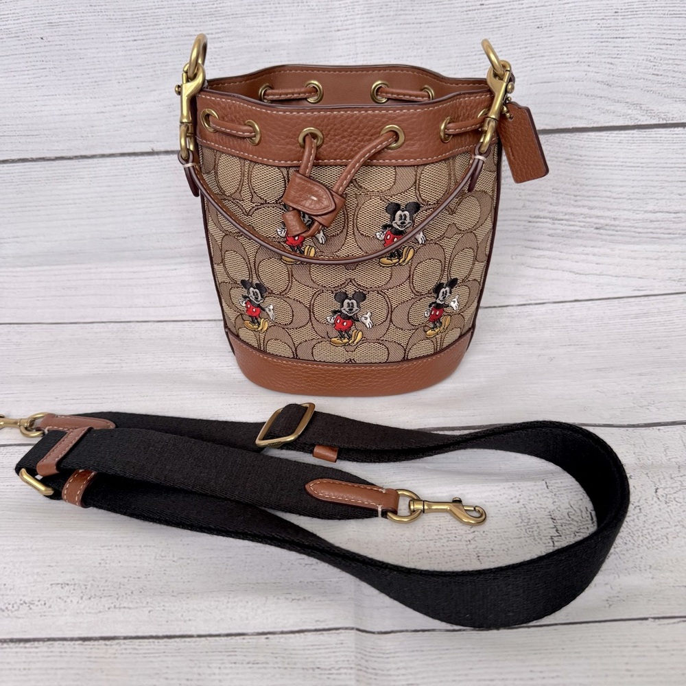 Disney X Coach Mini Dempsey Bucket Bag In Signature Jacquard With Mickey Mouse
